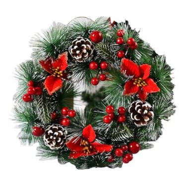 Imagem de Guirlanda Natalina Decorada 32cm de Luxo - Enfeite Completo com Flores Vermelhas e Pinhas para Porta e Parede(Bordô)