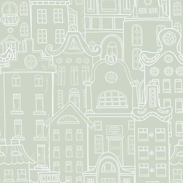 Imagem de VEELIKE Papel de parede de casa de paisagem urbana desenhado à mão Papel de parede verde caprichoso para quarto de crianças de 17,7 x 354 cm Papel de parede autoadesivo removível para quarto e