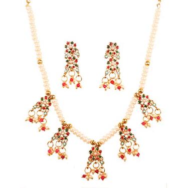 Imagem de Touchstone New Indian Bollywood Pérolas de esmeralda de rubi falso multicolorido estilo cravejado tradicional turquesa colar de pérolas falsas conjunto em tom dourado para mulheres.