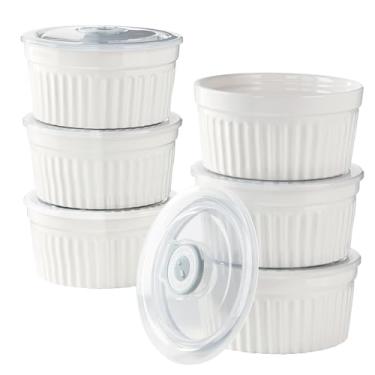 Imagem de BPFY Ramequins de porcelana de 227 g com tampas [conjunto de 6] - Tigelas de ramekin de suflê creme brulee com tampas de rastreamento de data, copos de creme seguros para forno, pudim, sobremesas