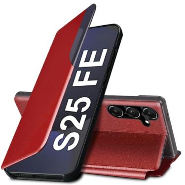 Imagem de Capa flip S25 FE para Samsung Galaxy S25 FE 5G, capa de couro slim fit transparente para celular Samsung S25 FE com suporte, capa resistente à prova de choque, 6,7 polegadas (vermelho)