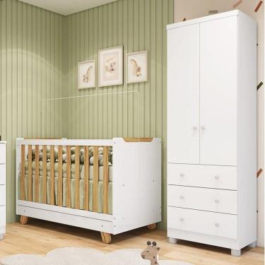 Imagem de Quarto de Bebê com Guarda-roupa 2 Portas e Berço 4 em 1 Minicama 100% Mdf Mike Espresso Móveis Branco Brilho/Amêndoa