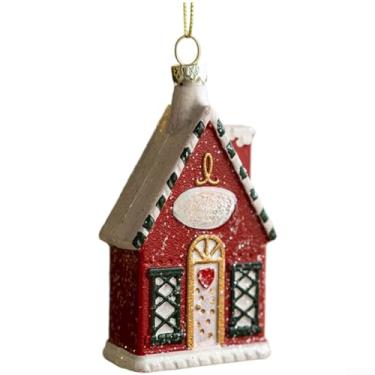 Imagem de Conjunto de enfeites de PVC pintado à mão de Natal com formas variadas, incluindo casa, tambor, bengala doce, guirlanda, van, caminhonete, árvore de férias e caixa de correio, vermelho