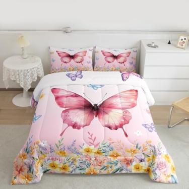 Imagem de Feelyou Conjunto de cama de borboleta, macio, para meninos e meninas, estampa de borboletas, lindo, edredom de microfibra, floral, decoração de quarto, 2 peças com 1 fronha