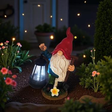 Imagem de Mrocioa Gnomo Solar Decoração de jardim ao ar livre com luz, estátuas de gnomos com lanterna LED outono ao ar livre varanda pátio quintal decoração de férias presentes de jardinagem estatueta luzes