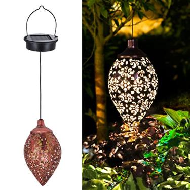 Imagem de Lâmpada suspensa com energia solar LED Lanterna de luz com design em formato de azeitona Controle de sensor de luz sensível Bateria recarregável de alta capacidade embutida para pátio, varanda, q