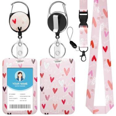 Imagem de Soleebee Porta-crachá de identificação com cordão, emblemas de identificação de coração rosa fofos e cordão destacável, chaveiro retrátil, carretel de crachá resistente para enfermeiras, estudantes
