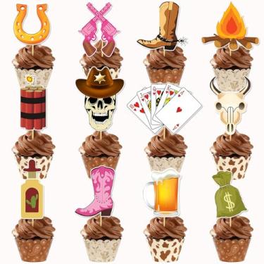 Imagem de 24 peças de topos de cupcake de caubói ocidental - decoração de festa temática do oeste selvagem topos de cupcake ocidentais para vaqueira country despedida de solteira rústica festa cowboy