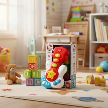 Imagem de Brinquedo Mini Guitarra Musical Infantil Com Luz Som Projeção Educativo Bebê 18 Meses Criança (Vermelho)