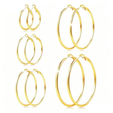 Imagem de 5 pares de brincos de argola de ouro e prata para mulheres, banhado a ouro 14 K, brincos de argola fina, de aço inoxidável, leve, hipoalergênico, 30/40/50/60/70 mm, Middle, Aço inoxidável, Sem pedra