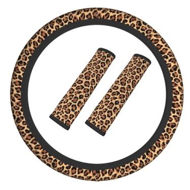 Imagem de Capa de volante elástica antiderrapante com estampa de leopardo com cinto de segurança almofada de ombro para mulheres e homens