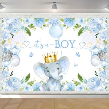 Imagem de Banner de fundo de elefante para chá de bebê para meninos It's a Boy pano de fundo azul floral elefante fotografia 1,5 × 3 pés