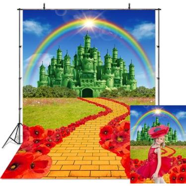 Imagem de Fundo de poliéster verde castelo amarelo tijolo estrada fotografia arco-íris floral castelo ouro tijolo estrada decoração festa fundo para chá de bebê princesa suprimentos de festa 1,5 x 1,7 m