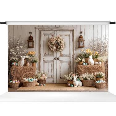 Imagem de Kate Pano de fundo de foto de porta de madeira para fotografia de páscoa, ovos coloridos, palheiro, suprimentos para festas festivas, adereços, 3 x 2 m