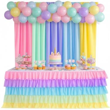 Imagem de Tingjoo Decorações de festa arco-íris de 1,8 m de saia de mesa tutu de unicórnio e pacote com 5 cortinas de pano de fundo pastel arco-íris de 95 x 60 cm para chá de bebê, revelação de gênero