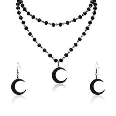 Imagem de RLHRNDE Gargantilha gótica em camadas preta para mulheres punk colar com pingente de cruz preta lua crescente sol brincos Halloween Natal conjunto de joias góticas, Medium, Metal, Sem Pedra Preciosa