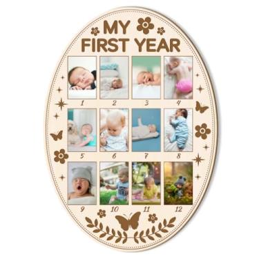 Imagem de ORIGACH Quadro oval para exibição de fotos My First Year Baby Growth, quadro de lembrança de madeira para recém-nascidos de 12 meses para decoração de primeiro aniversário e berçário, estampa de