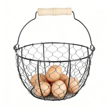 Imagem de Cesta de ovos com alça, cesta de arame para coletar ovos frescos, cesta redonda de coleta de ovos para fazenda, estilo vintage, cesta de ovos de galinha e pato, suporte de recipiente de armazenamento