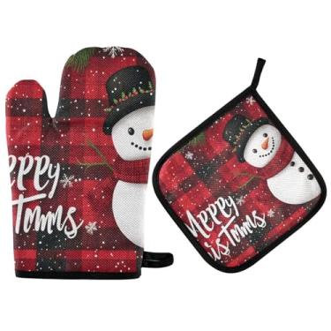 Imagem de Quteprint Conjunto de luvas de forno e suportes de panela resistentes ao calor para boneco de neve xadrez Merry Christmas – Luvas de cozinha de algodão acolchoado de 500F com aderência antiderrapante