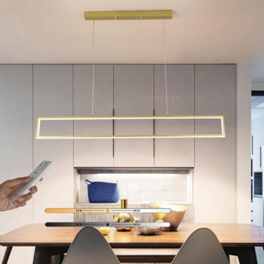 Imagem de Luminária pendente LED moderna para sala de jantar, design retangular minimalista com intensidade ajustável e controle remoto, ideal para mesa de jantar, ilha de cozinha ou escritório (Doura