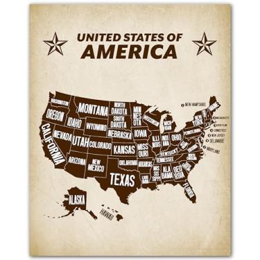Imagem de ZUKIY Impressão de pôster Bold Map of America - 20 x 25 sem moldura para escritório ou sala de aula - Suporte de pôster magnético de madeira estilo vintage - Alternativa para moldura de exibição de