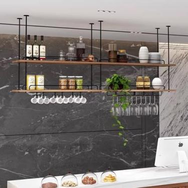 Imagem de Prateleira industrial Suporte de vidro montado na parede, prateleiras de bar flutuantes de 2 camadas, suporte para copos de vinho, prateleiras de armazenamento com moldura de metal, prateleiras de