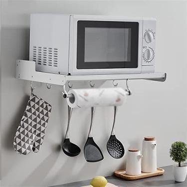 Imagem de HHHJQFAAT Suporte de parede para forno de microondas organizador de bancada de metal, suporte de prateleira de extensão de armazenamento de cozinha com 3 ganchos, prateleira de armazenamento