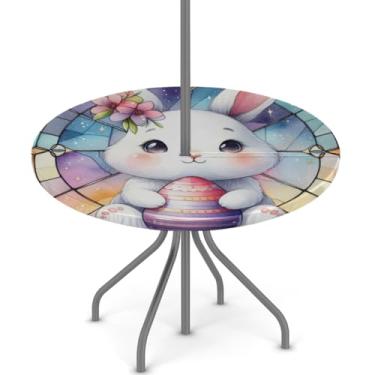 Imagem de hongjinglin Toalha de mesa de Páscoa para uso ao ar livre com orifício para guarda-chuva, toalha de mesa redonda elástica com zíper, impermeável, limpável, para piquenique, festa, pátio, serve para