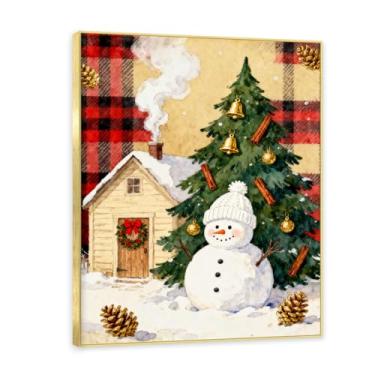 Imagem de Moldura dourada. Arte de parede de tela de Natal rústica vintage, fundo preto xadrez búfalo aconchegante com elementos clássicos de férias, decoração de parede de casa de fazenda para sala de estar