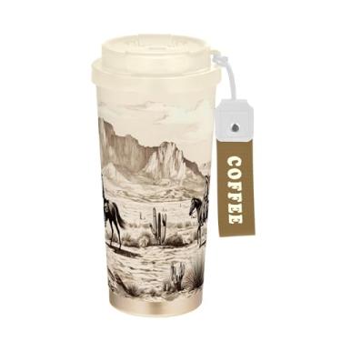 Imagem de SEHANY Caneca de viagem vintage caubói ocidental 482 g xícaras de café reutilizáveis revestidas de cerâmica com tampa à prova de vazamento, parede dupla, isolamento a vácuo, copo de café de aço