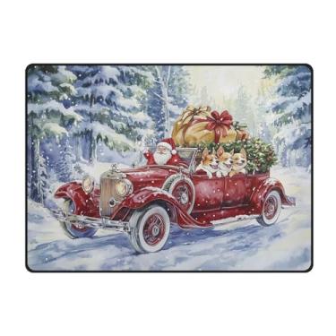 Imagem de Blueangle Tapetes de Natal laváveis de 10 x 13 cm para sala de estar - Tapete ultramacio antiderrapante resistente a manchas com estampa de carro vermelho vintage, decoração de férias para quarto e