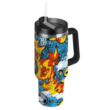 Imagem de Blueangle Copo de futebol de desenho animado de 850 g com alça e tampa de palha, caneca de viagem de aço inoxidável com isolamento a vácuo de parede dupla, garrafa de água reutilizável para academia