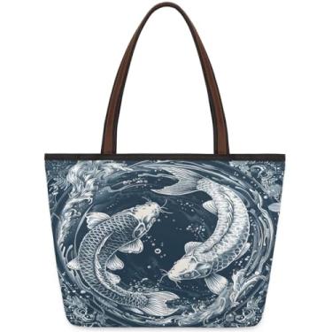 Imagem de Sacola grande para mulheres animal carpa retrô azul trabalho sacos de pano com zíper reutilizável mercearia bolsa casual viagem pernoite tote bolsas adequadas para viagens, trabalho, férias, praia