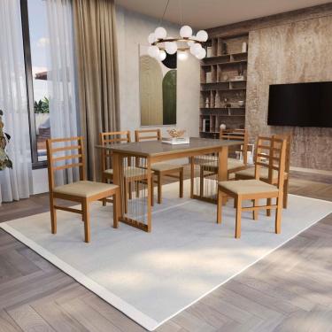 Imagem de Conjunto Sala De Jantar Elisa Em Madeira Maciça 6 Cadeiras Boucle Bege