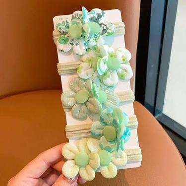 Imagem de 5 peças de laços de cabelo de flores doces, faixas elásticas fofas, suportes de rabo de cavalo de cor doce com flores, elásticos macios sem danos para meninas acessórios de cabelo