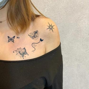 Imagem de 4 peças de tatuagens temporárias semipermanentes realistas de suco de ervas, símbolo, 7 a 14 dias, sem queda, braços, pernas, ombros, pescoço, clavícula, corpo, à prova d'água, adesivo de tatuagem