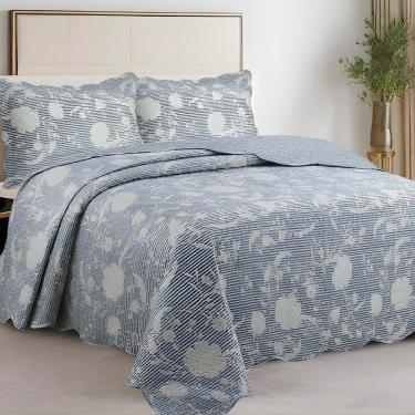 Imagem de Kit Cobre Leito Colcha Magnus Solteiro 2 Peças Dupla Face Estampado Floral - Azul - 100% Poliéster