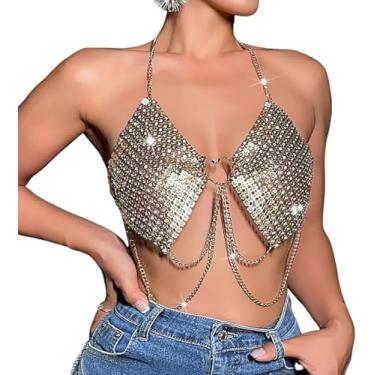 Imagem de Biquíni feminino metálico dourado brilhante, frente única, costas nuas, top cropped com correntes de borla, roupas sexy para discoteca rave, Dourado, One Size