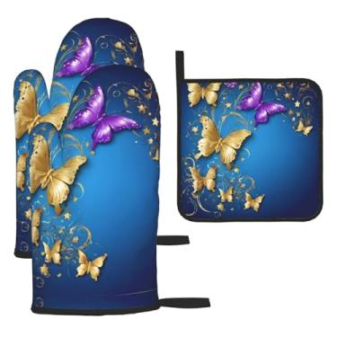 Imagem de Butterflies – Conjunto de cozinha essencial de 3 peças, luvas seguras para calor e aderência de tampa, proteção para churrasco no forno, design de armazenamento suspenso.