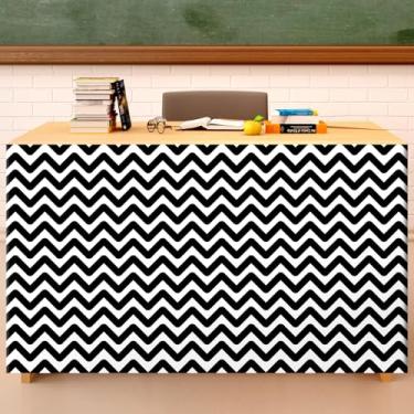 Imagem de Saia de mesa ondulada preta e branca de 1,8 m para professores, capa de mesa para sala de aula, decoração de volta às aulas, toalhas de mesa para o primeiro dia de aula, material escolar, estante de