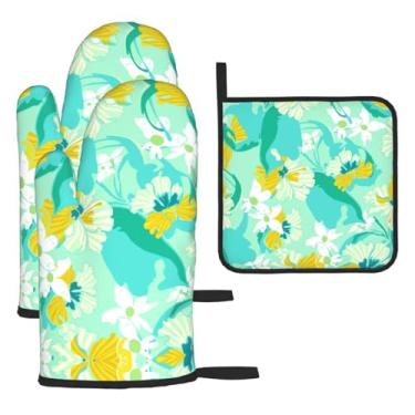 Imagem de Tropical Plant – Conjunto de cozinha essencial com 3 peças, luvas resistentes ao calor e alça de tampa, proteção para churrasco no forno, design de armazenamento suspenso.