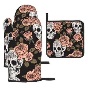 Imagem de Conjunto de cozinha essencial de 3 peças com estampa de caveira rosa, luvas resistentes ao calor e alça de tampa, proteção para churrasco no forno, design de armazenamento suspenso.