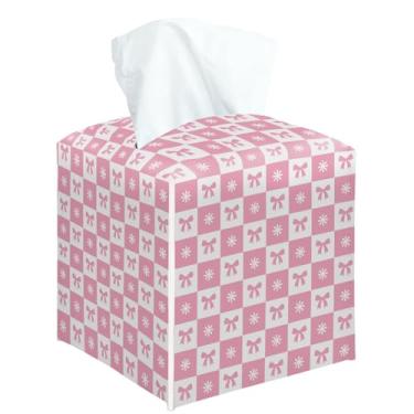 Imagem de Capa quadrada de caixa de lenços de papel rosa guingão, suporte decorativo rosa para quarto, banheiro, cozinha, escritório, bancada, organizador de papel facial de couro -18