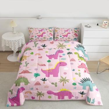 Imagem de jejeloiu Conjunto de edredom solteiro de dinossauro, selva, dinossauro, para crianças, adolescentes, animais selvagens, rosa claro, decoração de quarto, 2 peças com 1 fronha