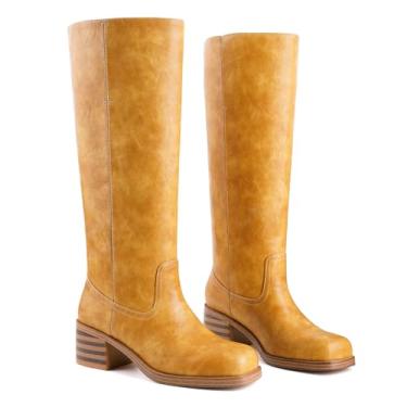 Imagem de Migpuel Botas femininas de cano alto banana bico quadrado salto grosso botas de equitação confortáveis salto baixo casual panturrilha larga cano alto botas campus, Banana, 6.5 Wide