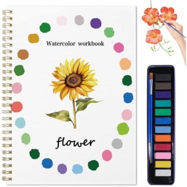 Imagem de Livros de exercícios em aquarela para iniciantes, conjunto de tinta aquarela de 12 cores com pincel, kit de pintura em aquarela para iniciantes (flor)