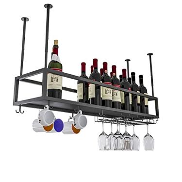 Imagem de APUM Suporte de garrafa de vinho para pendurar em teto, suporte de garrafa de vinho de metal, prateleira de armazenamento de taças de vidro, prateleiras de exibição flutuantes para unidade de bar