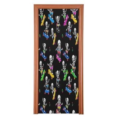 Imagem de Qilmy Decoração de capa de porta 91 x 248 cm tecido grande placa de decoração de festa de Halloween para porta da frente Halloween bonito caveira varanda decoração externa janela parede 554