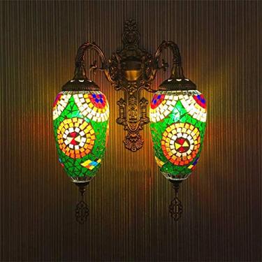 Imagem de Luminária de parede marroquina com 2 lâmpadas, aplique de parede turco em mosaico, luminária de cabeceira mediterrânea em vidro para sala de estar, quarto, corredor, varanda, café ou bar.