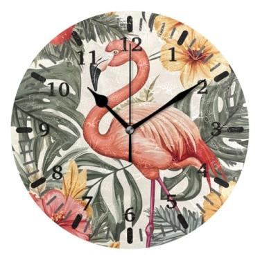 Imagem de CEBUGI Relógio de parede com planta tropical flamingo, operado por bateria, relógios redondos silenciosos, sem tique-taque, para cozinha, banheiro, quarto, escritório, decoração 25,4 cm